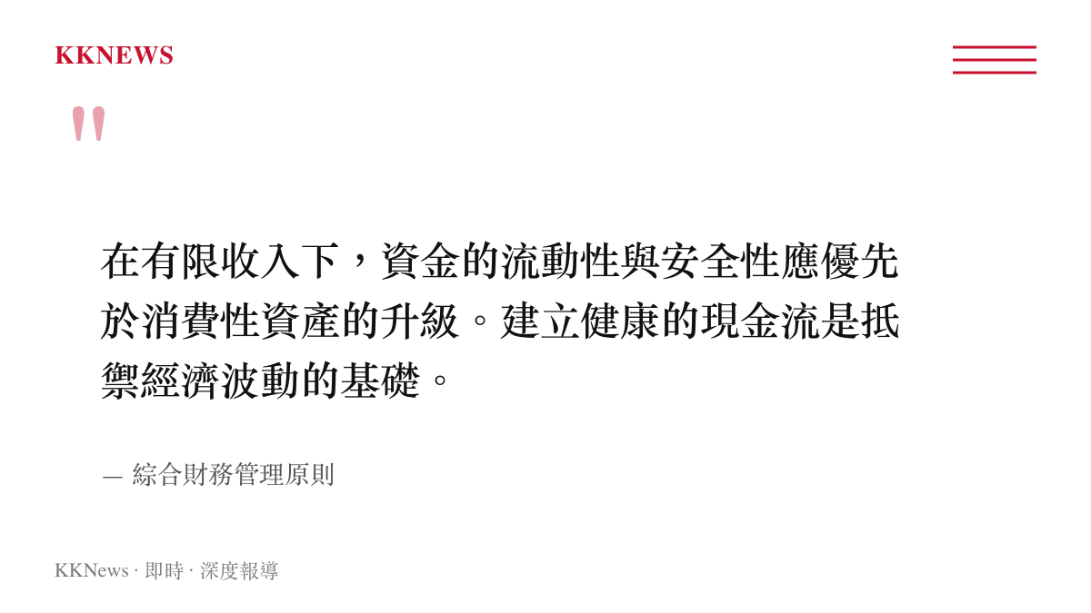 引言圖卡呈現財務管理原則指出有限收入下資金流動性與安全性應優先於消費升級
