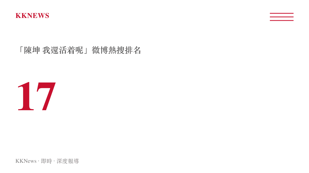 陳坤發布我還活着呢貼文後，該話題登上微博熱門搜尋榜第17名的數據示意圖卡。