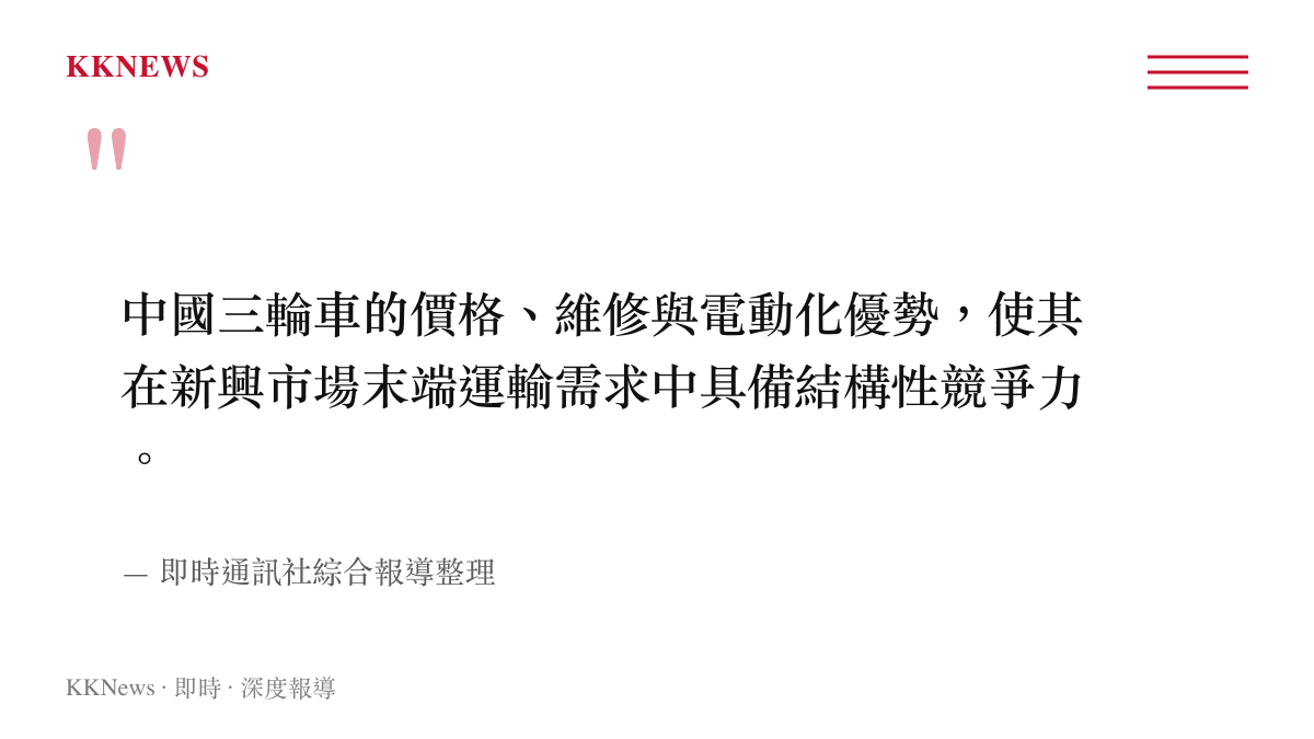 中國三輪車海外競爭力結構分析引文圖卡，強調價格維修與電動化三大優勢