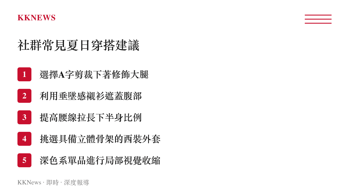 清單圖卡列出社羣平臺常見的五項夏日穿搭視覺修飾建議包含剪裁與顏色搭配