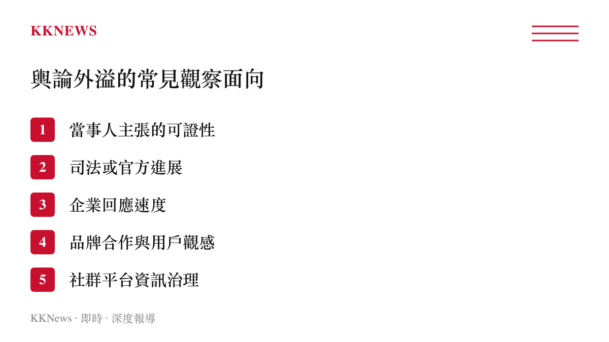 企業家私域事件輿論外溢的五個常見觀察面向條列，涵蓋可證性、官方進展、企業回應、品牌觀感與平臺治理