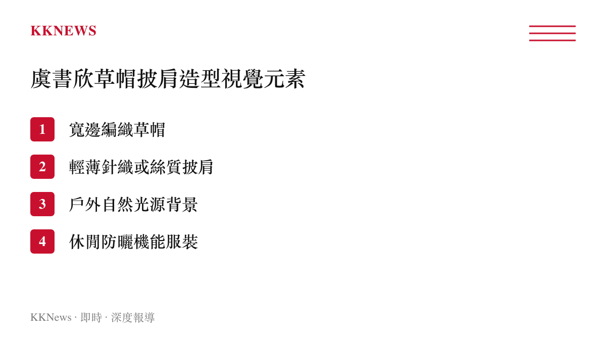 清單列出演員虞書欣近期在社群平台發布的草帽與披肩穿搭造型所包含的四個主要視覺與服裝元素