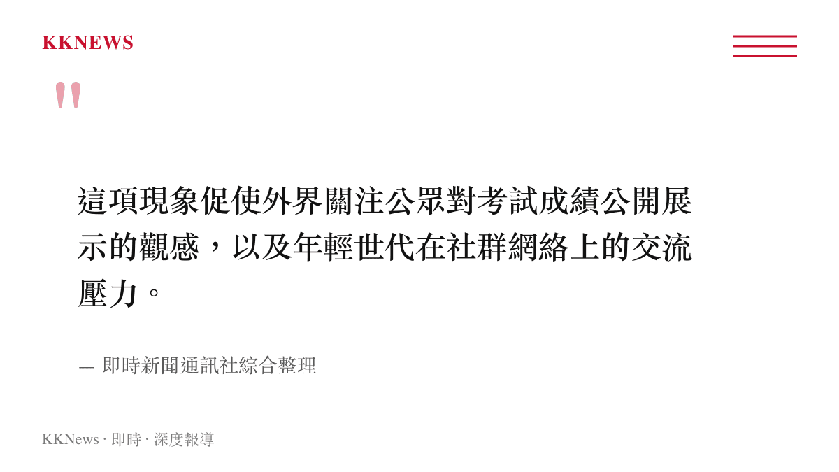 這項現象促使外界關注公眾對考試成績公開展示的觀感，以及年輕世代在社羣網絡上的交流壓力。