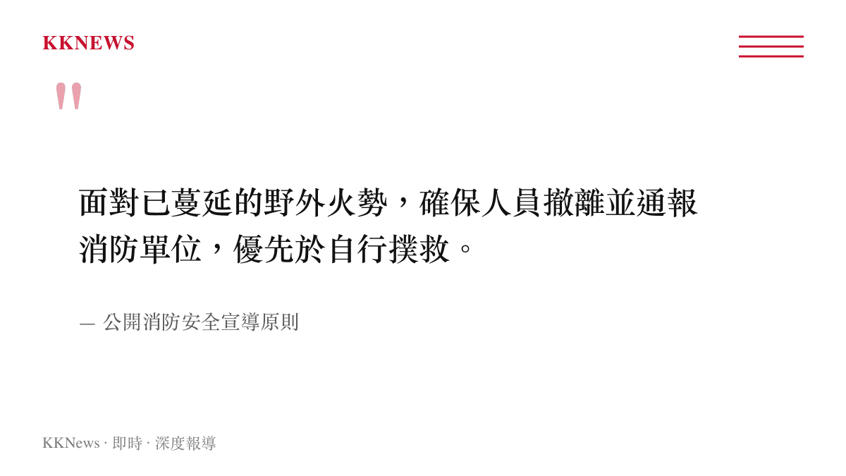 一張引述消防安全宣導原則的圖卡，強調撤離與通報優先於自行撲救野外火勢