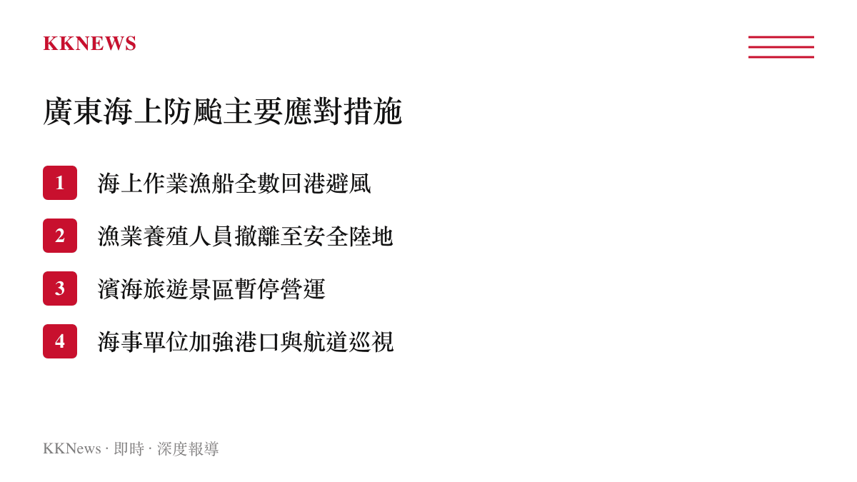 廣東海上防颱主要應對措施清單，包含漁船回港、人員撤離、景區關閉及港口巡視等四項重點工作。