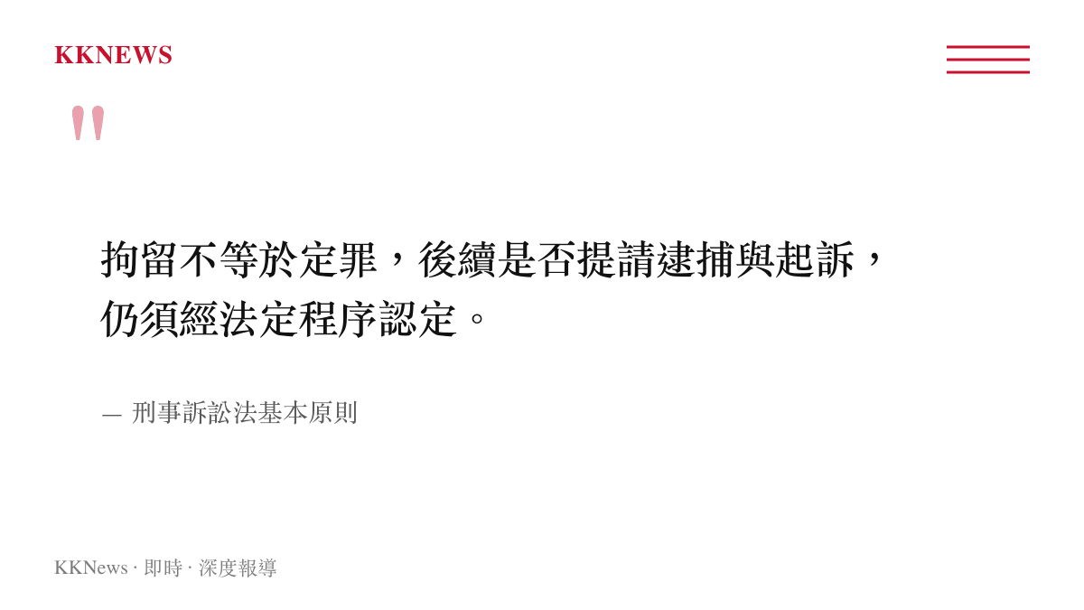 刑事訴訟法中無罪推定與程序正義原則的引述圖卡，強調拘留不等於定罪