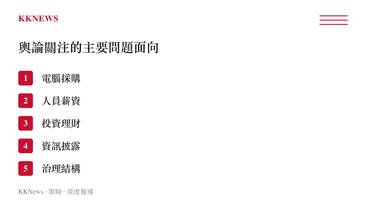 韓紅基金會八大問題面向條列圖卡涵蓋電腦採購人員薪資投資理財資訊披露治理結構等項目
