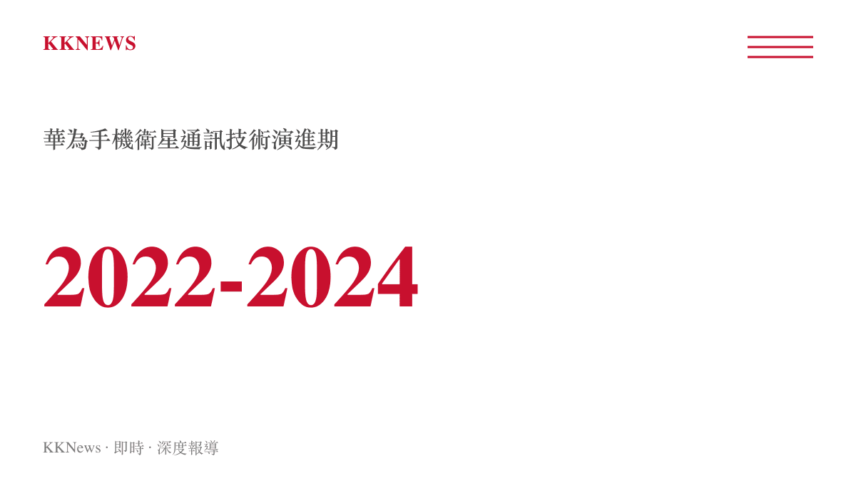 統計圖卡呈現華為手機從2022年至2024年間衛星通訊技術的演進年份範圍