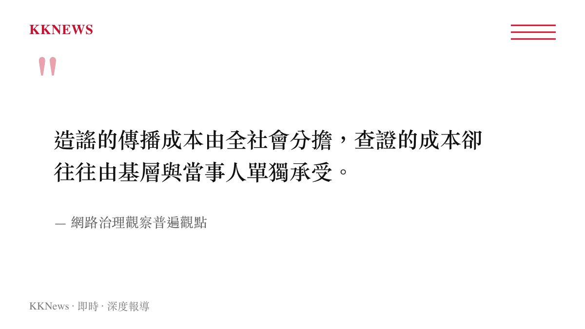 網路造謠社會成本分擔失衡觀察觀點圖卡，呈現傳播成本低與查證成本高的不對稱結構