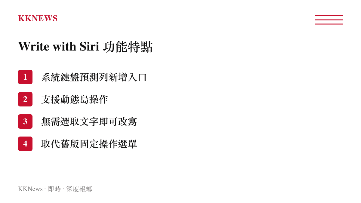 條列式說明 Write with Siri 寫作工具的四項主要操作特性與介面變更