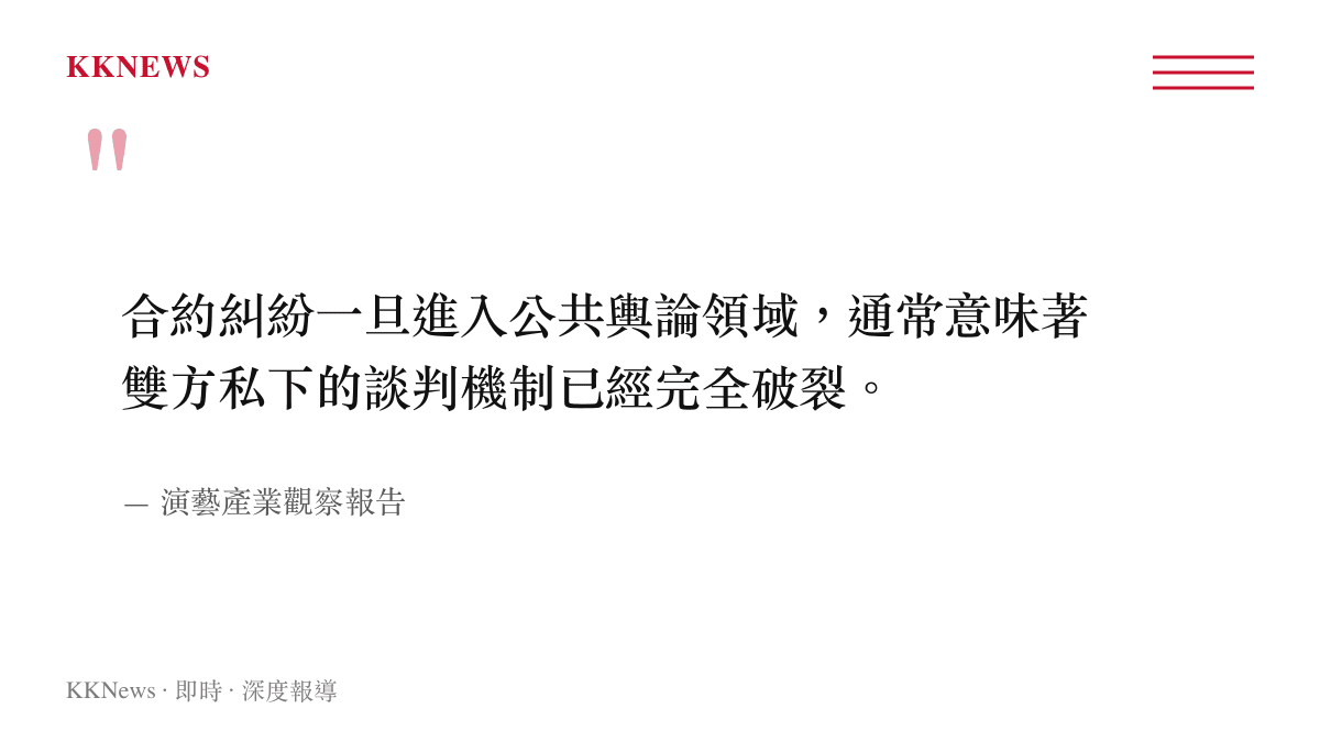 引述指出演藝圈合約糾紛進入公共輿論領域，通常代表私下談判機制已經破裂