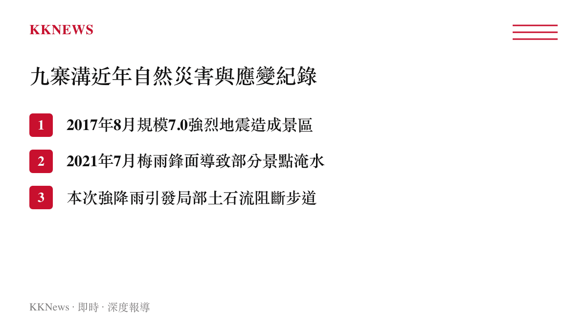 清單列出九寨溝風景區近年遭受的地震、梅雨淹水與土石流等自然災害事件紀錄