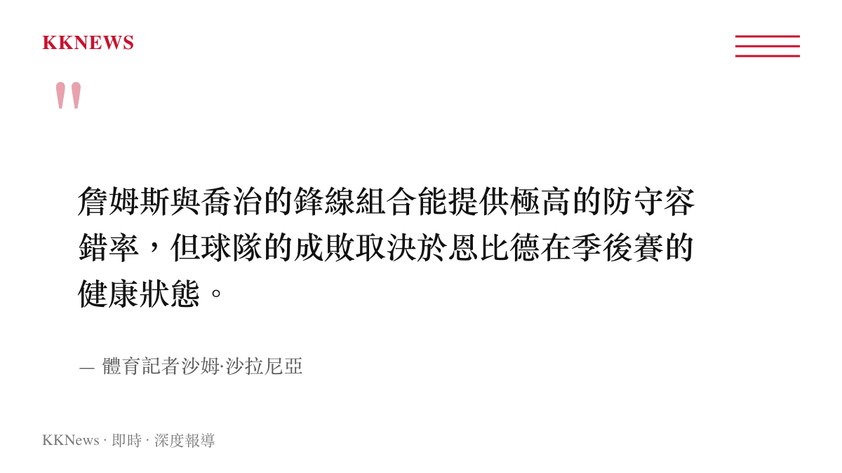引言圖卡顯示體育記者沙姆沙拉尼亞評論費城76人鋒線防守與恩比德健康狀態的關聯