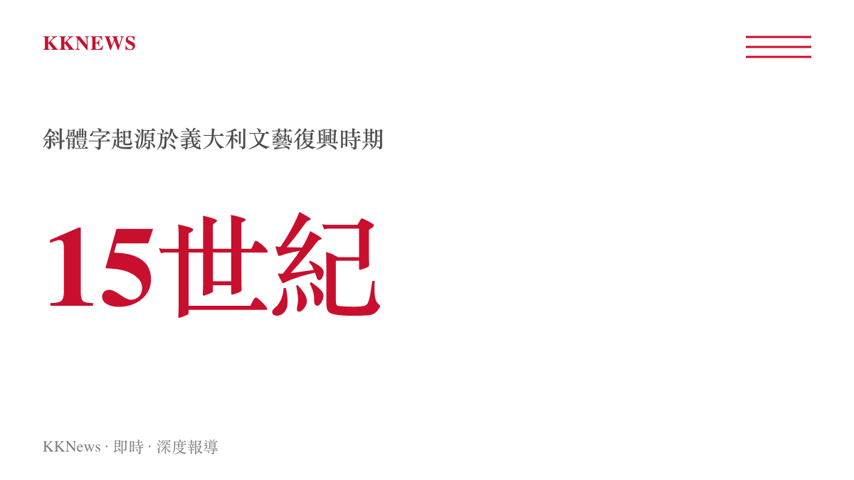統計圖卡說明現代斜體字的起源時間為十五世紀的歐洲