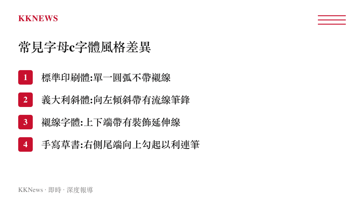 清單列舉標準印刷體、義大利斜體、襯線字體與手寫草書四種英文字母c的書寫差異
