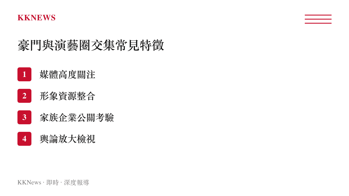 列舉豪門與演藝圈交集時常見的四項特徵，包括媒體關注、資源整合、公關考驗與輿論檢視