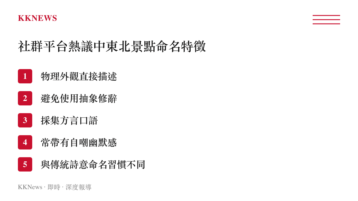 列出社群平台上網友歸納出的東北景點命名幾項主要特徵，包含直接描述外觀與使用口語等項目