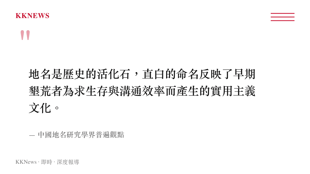引述地名學界對於早期墾荒地區採用直白且實用主義命名方式的觀點與見解