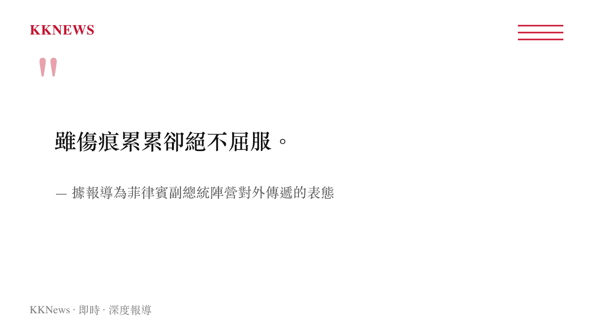 菲律賓副總統絕不屈服表態引述圖卡，搭配據報導來源標示與說明文字