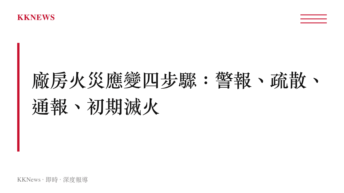 工業廠房火災應變流程圖卡，包含警報啟動、人員疏散、對外通報與初期滅火四個步驟