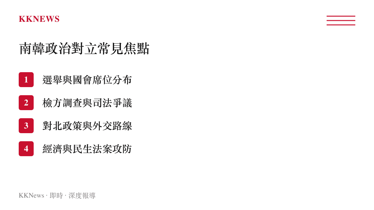 南韓政治對立常見焦點清單，涵蓋選舉、司法、外交與立法四大面向