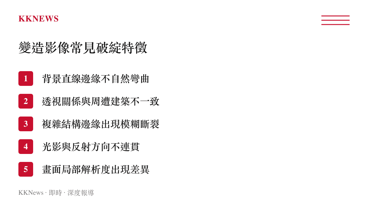 列舉影像變造後常見的五種視覺破綻特徵，包含邊緣彎曲、透視錯位與解析度差異。