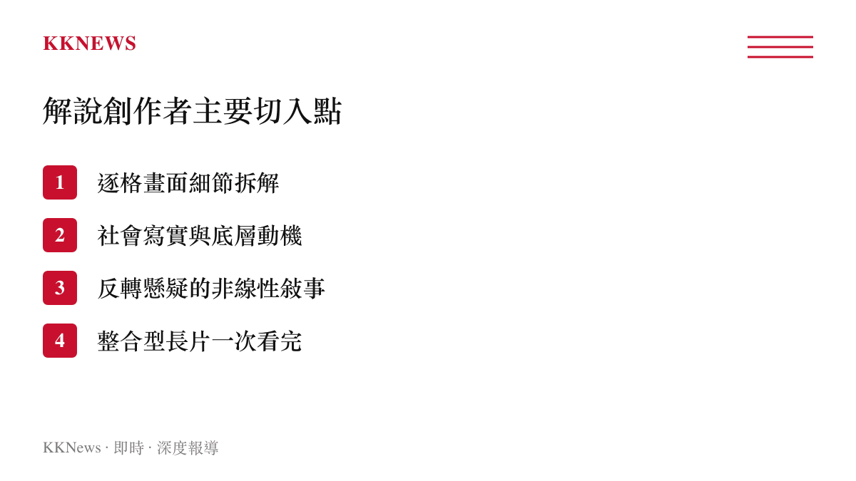 清單列舉影視解說創作者針對《懸案》的四種主要分析角度