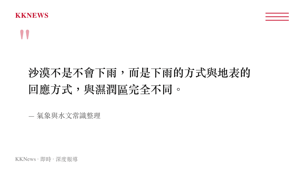 說明沙漠降雨特徵與地表逕流關係的引述圖卡