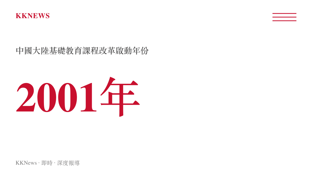 統計圖卡標示出二零零一年中國大陸啟動基礎教育課程改革的時間點，此政策推動了教育評價方式的轉變