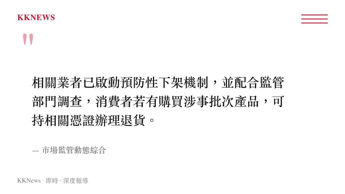 引述市場監管動態指出，業者已啟動預防性下架並配合調查，同時消費者可辦理退貨的官方建議。