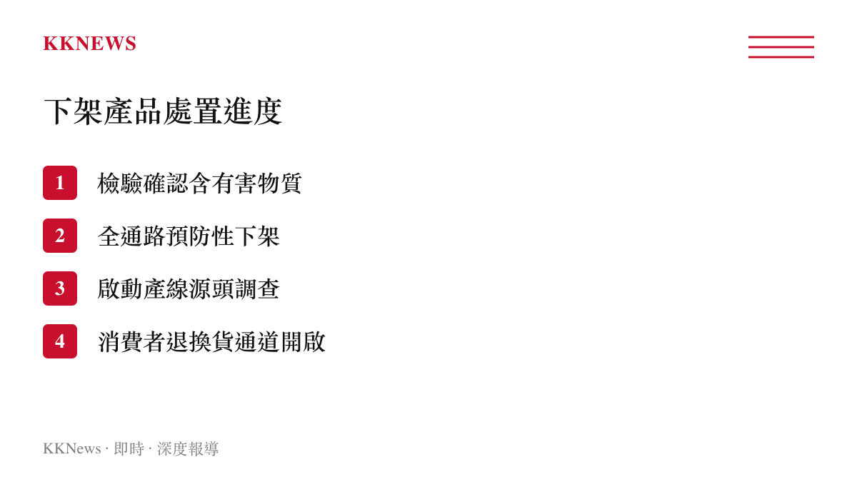 條列式說明這次有毒紙尿褲事件的四大處置進度，包括檢驗確認、全面下架、源頭調查與售後服務。