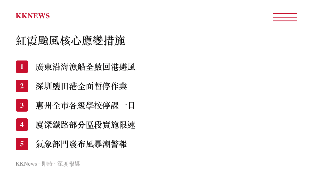清單圖卡列出颱風紅霞登陸期間官方實施的漁船回港港口停工與停課等應變措施