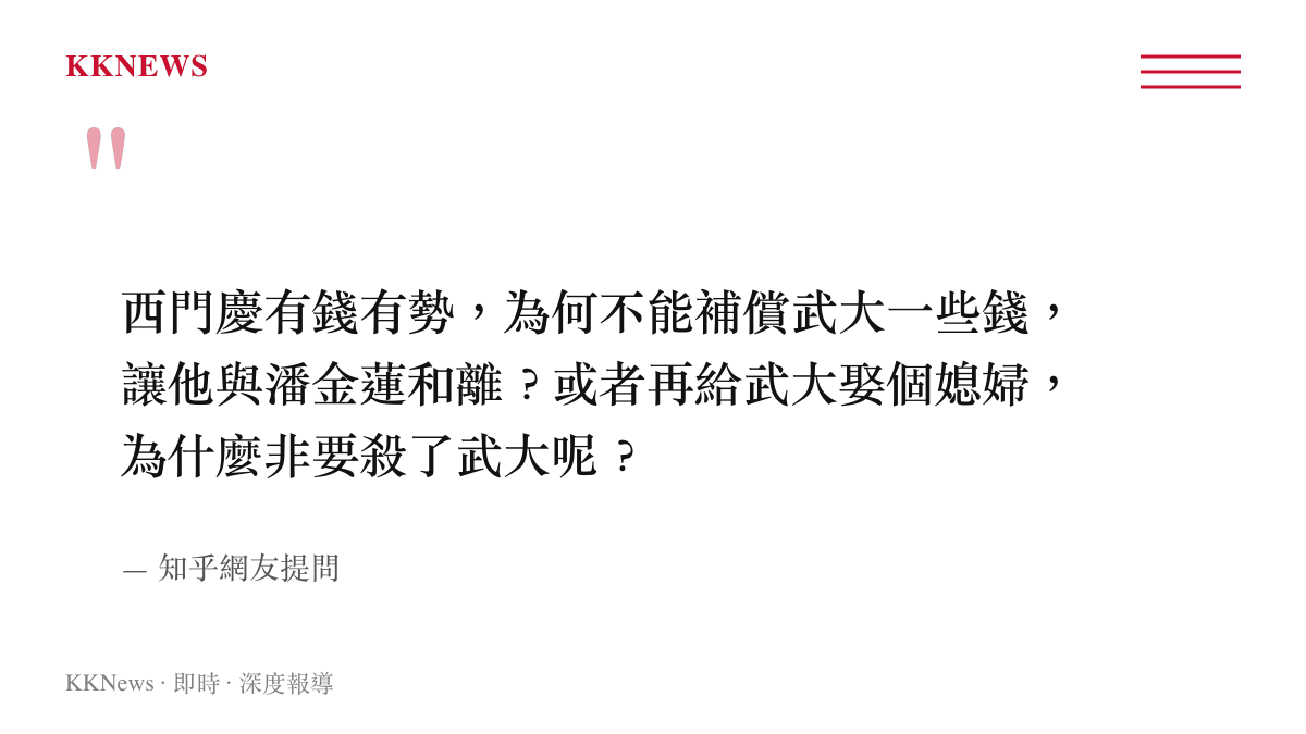 知乎網友針對西門慶為何不選擇賠償武大郎而是痛下殺手的原文提問