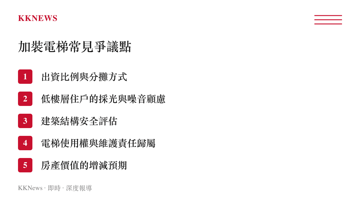 老舊社區加裝電梯五大常見爭議點整理，列出出資比例、採光噪音、結構安全、使用權與房價影響等核心問題