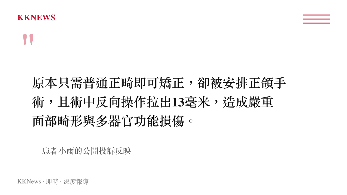 引述患者小雨說明原本只需齒列矯正卻演變為正頜手術失誤並造成器官受損的投訴內容