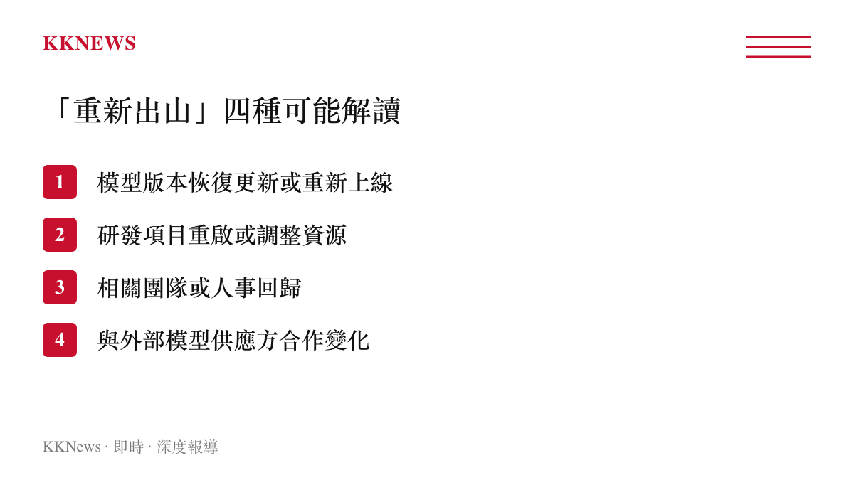 在大模型語境下「重新出山」一詞的四種可能解讀列表圖卡，分別為模型版本、研發項目、人事動向與合作關係。