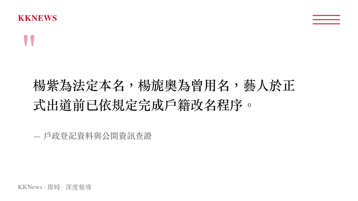 引述戶政登記資料與公開資訊查證結果，確認楊紫為本名且楊旎奧為曾用名的具體聲明